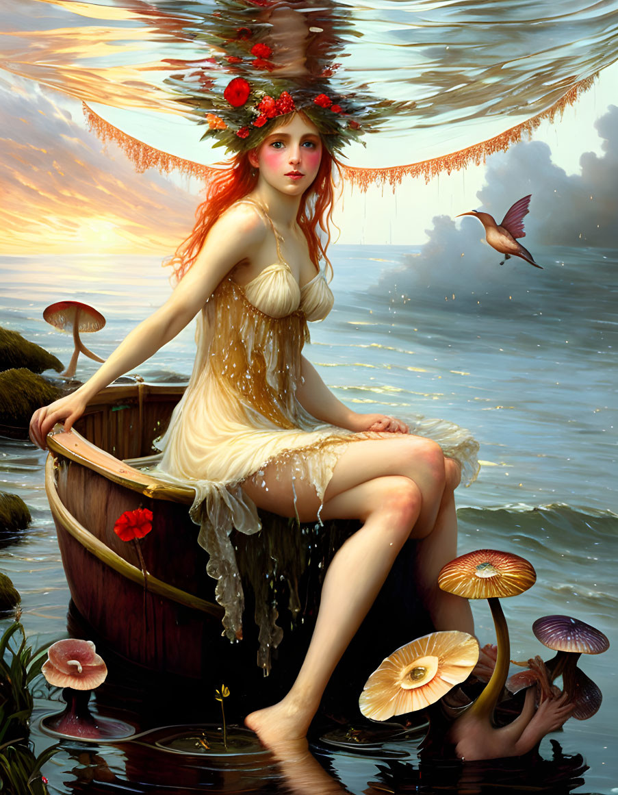 Surreal painting: Red-haired woman on capsized boat with giant mushrooms and hummingbird