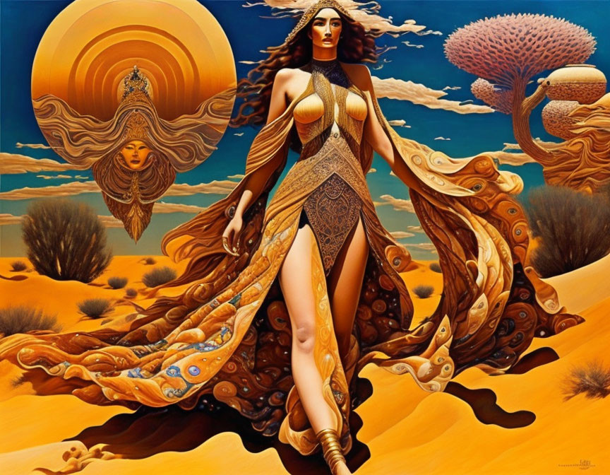 Surrealist painting: Woman in flowing garments, desert landscape, oversized sun, floating female face