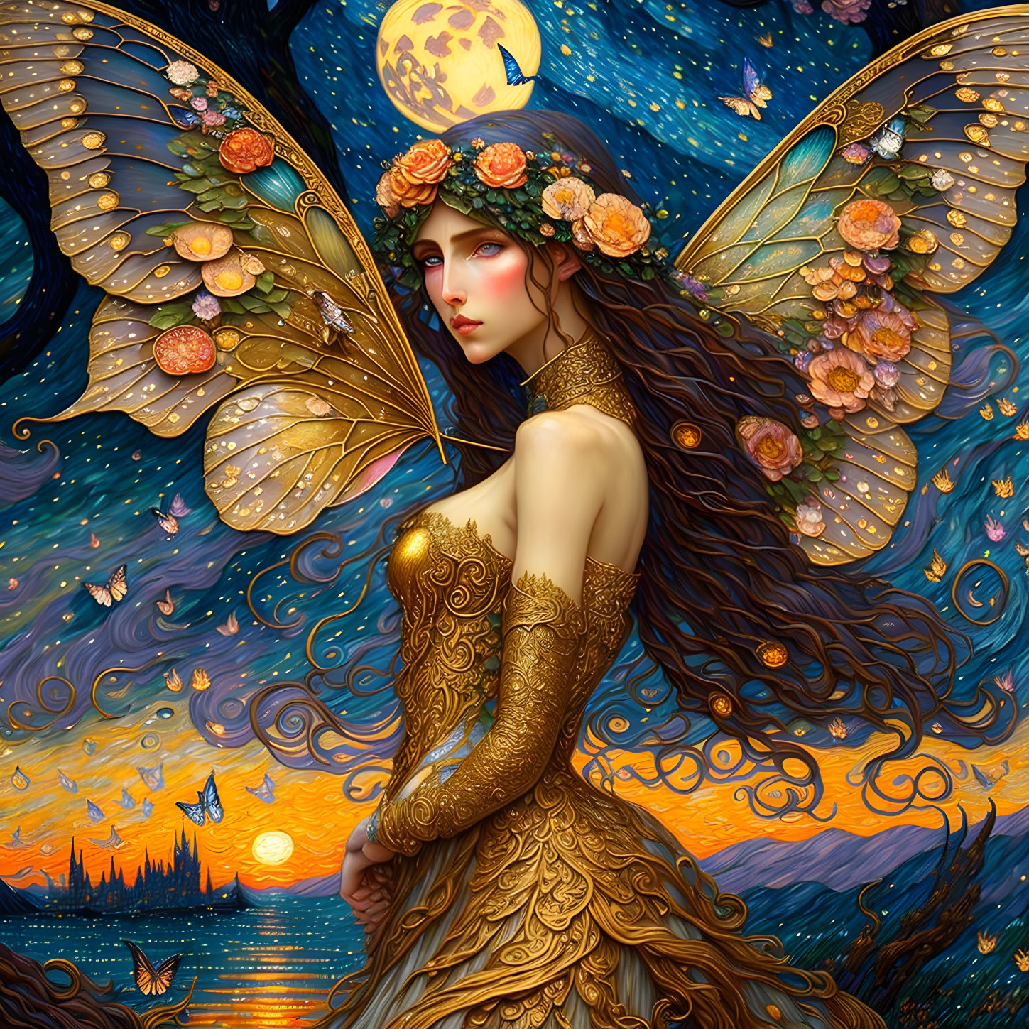 Fantasy artwork of female figure with butterfly wings in twilight sky