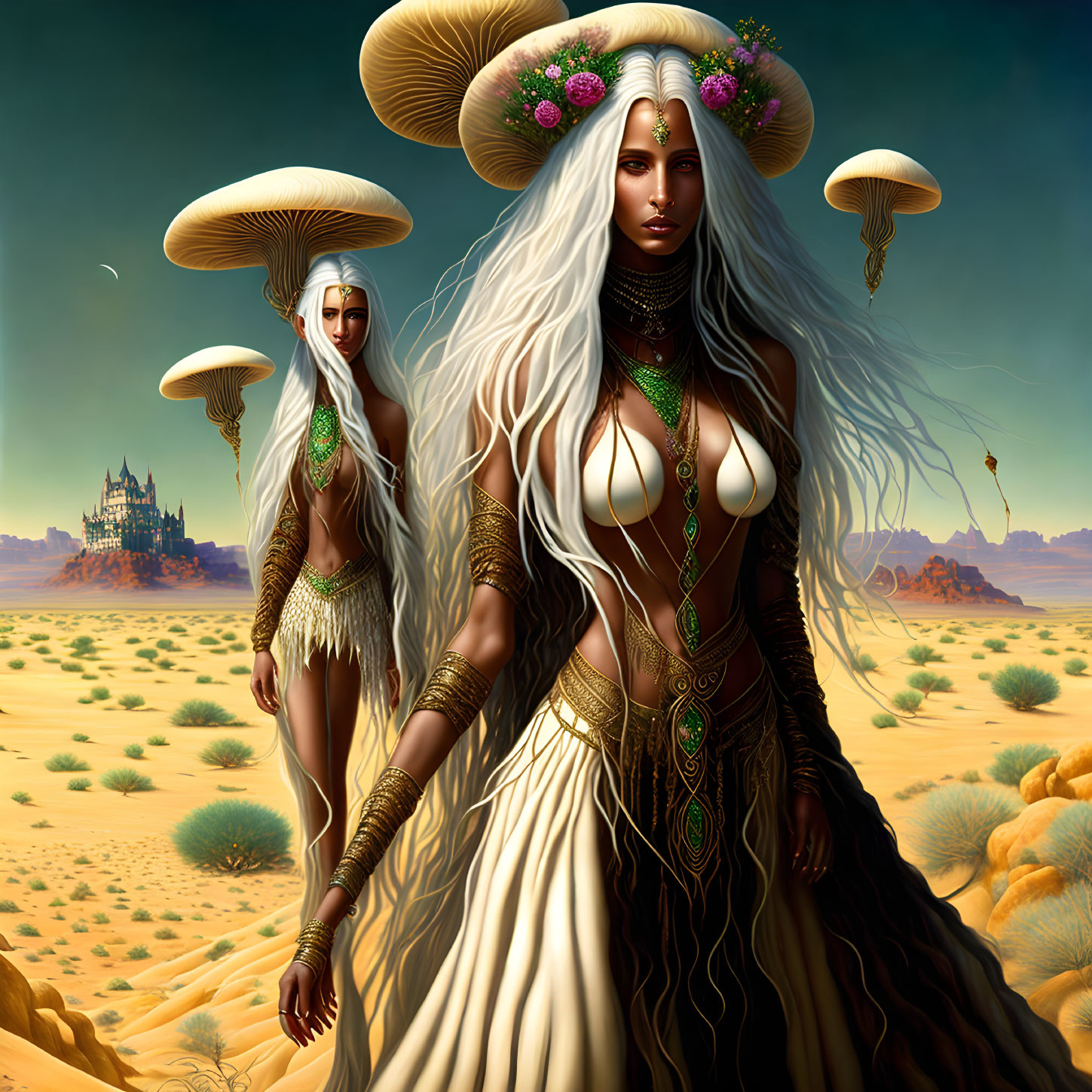 Fantasy women in white and gold attire with mushroom headpieces in desert landscape