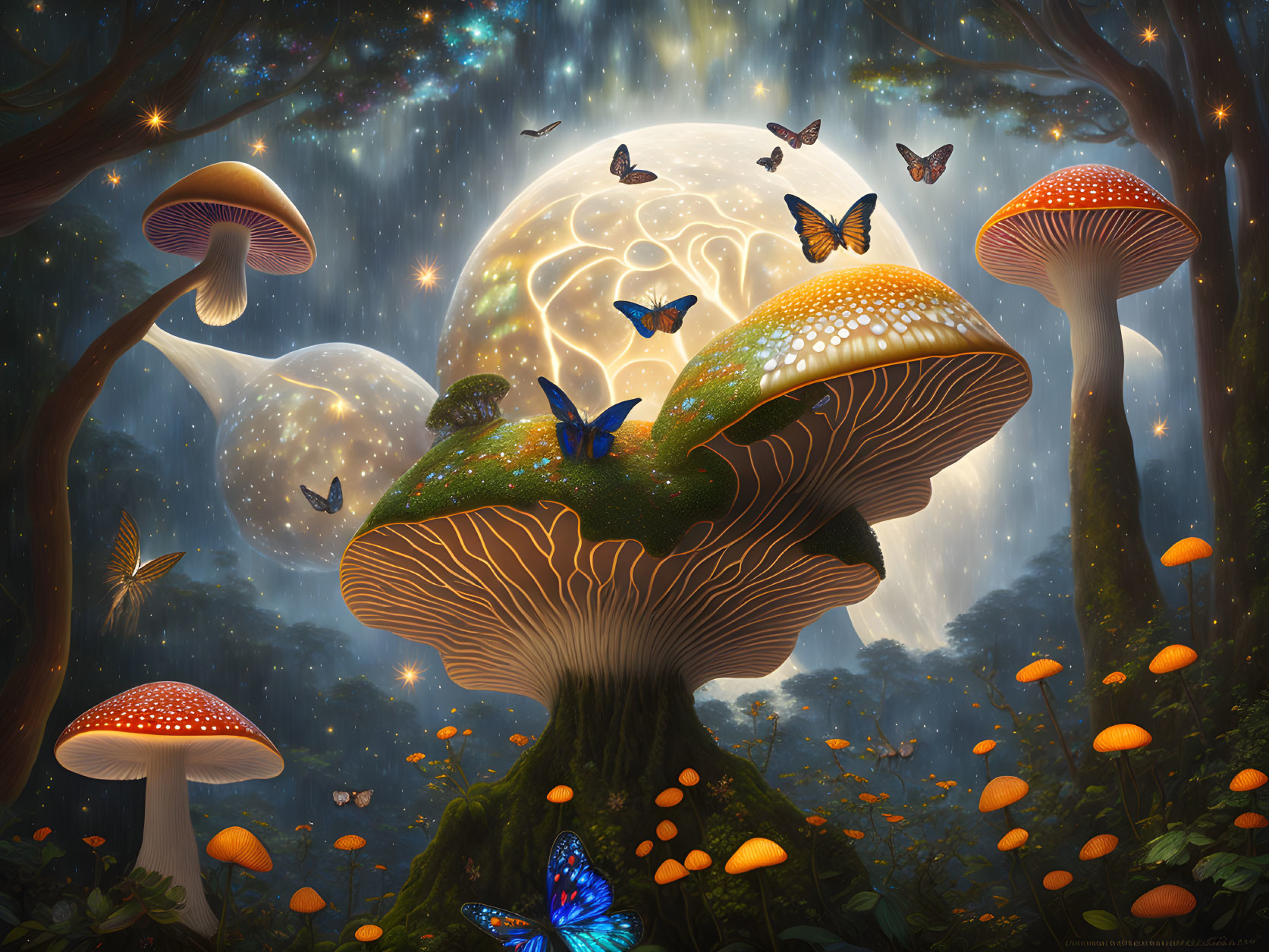 Enchanted forest with giant mushrooms, glowing butterflies, and full moon.