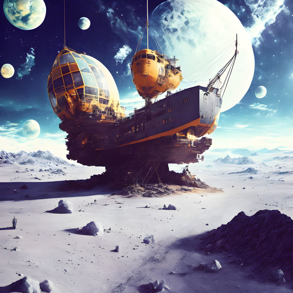 Futuristic ship with golden domes above icy alien landscape