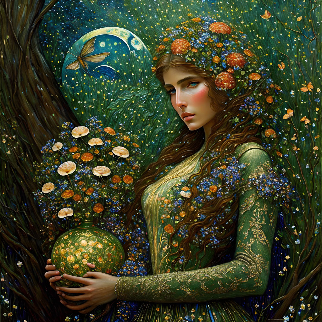 Woman in green gown with floral hair in woodland holding forest sphere