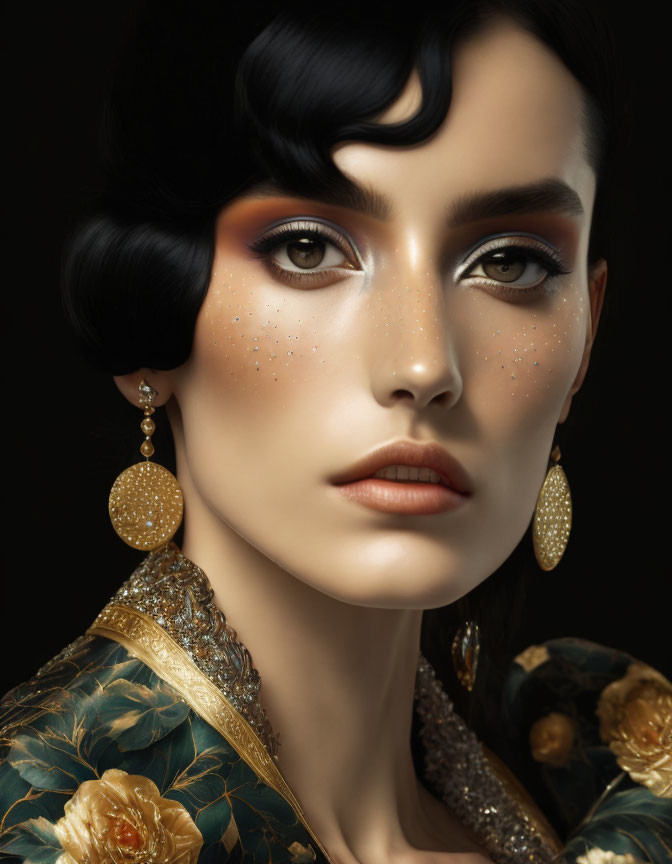 Dark-haired woman in vintage hairstyle with dramatic makeup and gold earrings on dark background