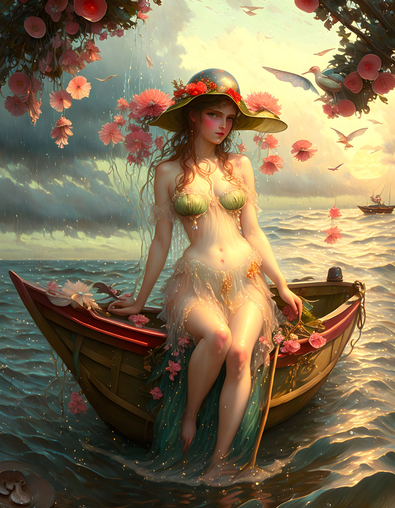 Mythical elegance: Woman in boat surrounded by flowers and golden light