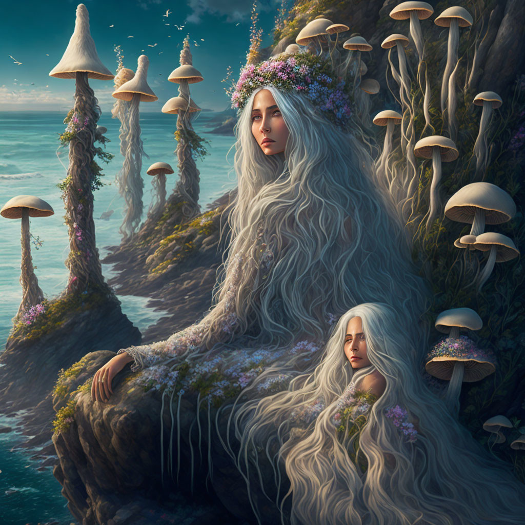 Ethereal figures with white hair by the sea among mushrooms