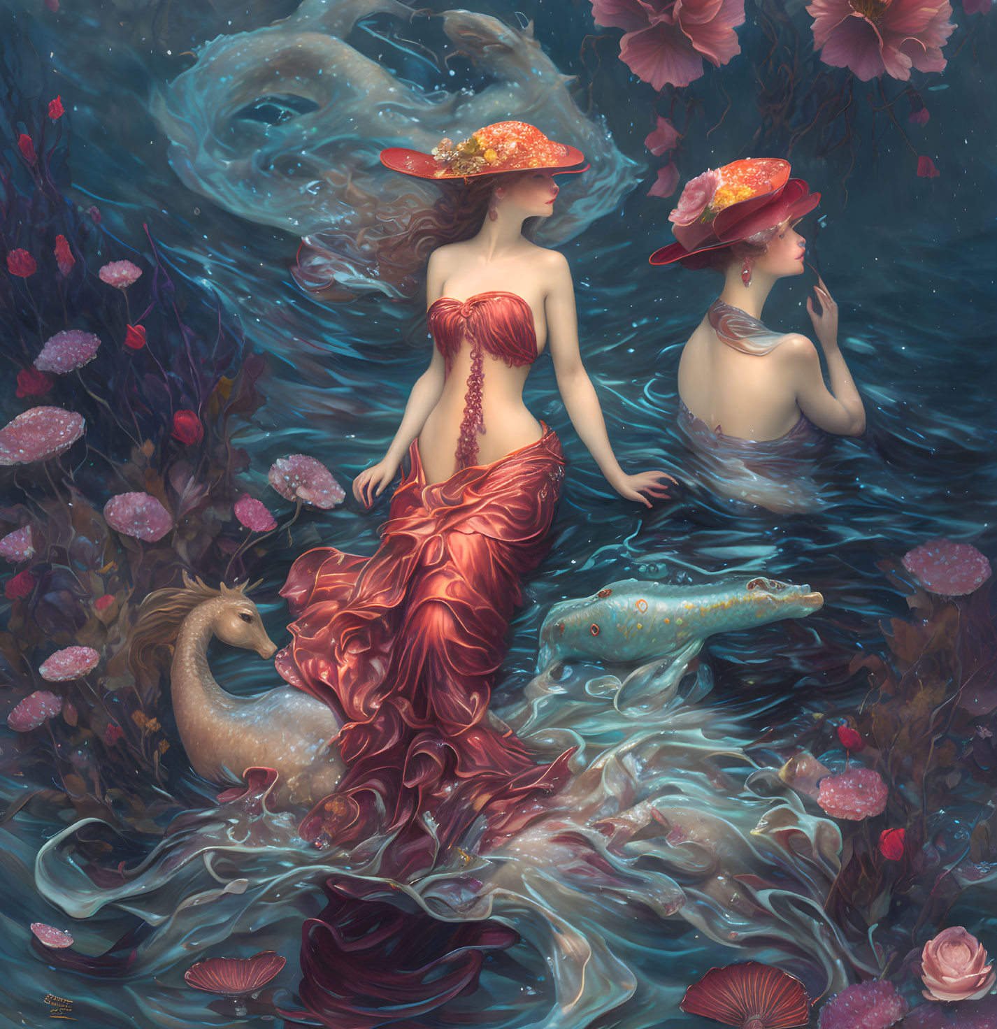 Two women in ornate hats and flowing dresses surrounded by fish and flowers underwater.