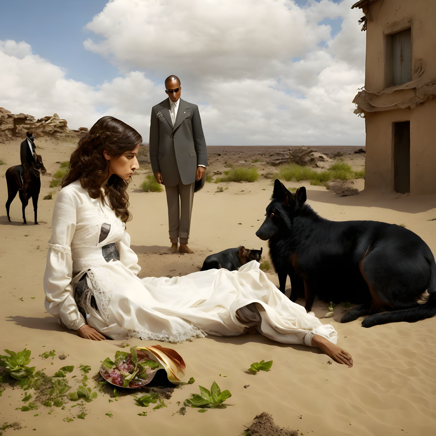 Woman in white dress with black dog, man in suit, and horse near building.