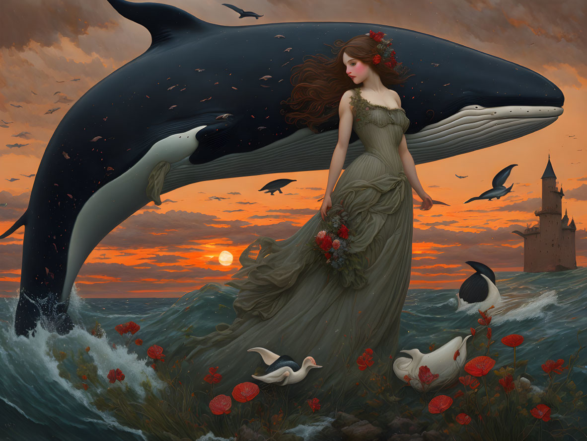 Fantastical scene of woman in green dress with flying and swimming whales, birds, ocean, sunset