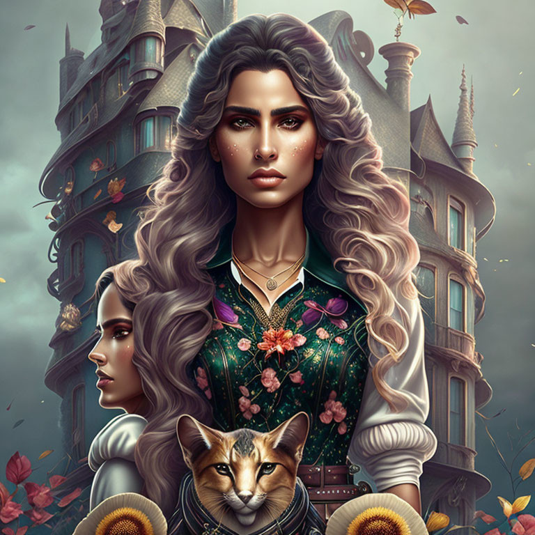 Digital art portrait of woman with wavy hair, cat, intricate clothing, fantasy castle backdrop.