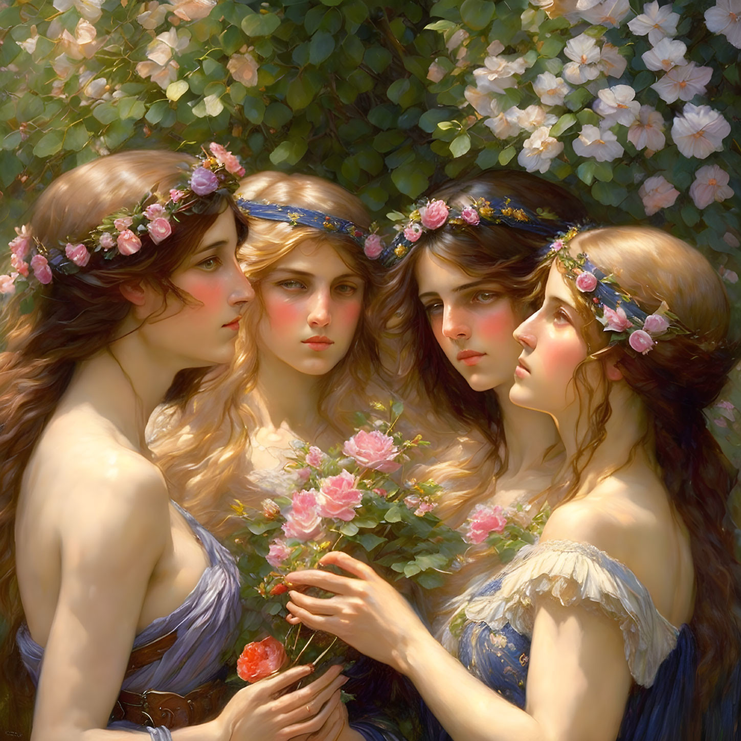 Four women with floral crowns in a blooming garden