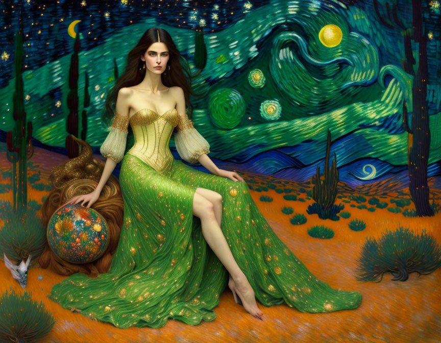 Woman in green dress with globe and fox against starry night backdrop