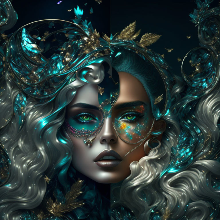 Silver-haired woman with celestial makeup and gold accents on dark background