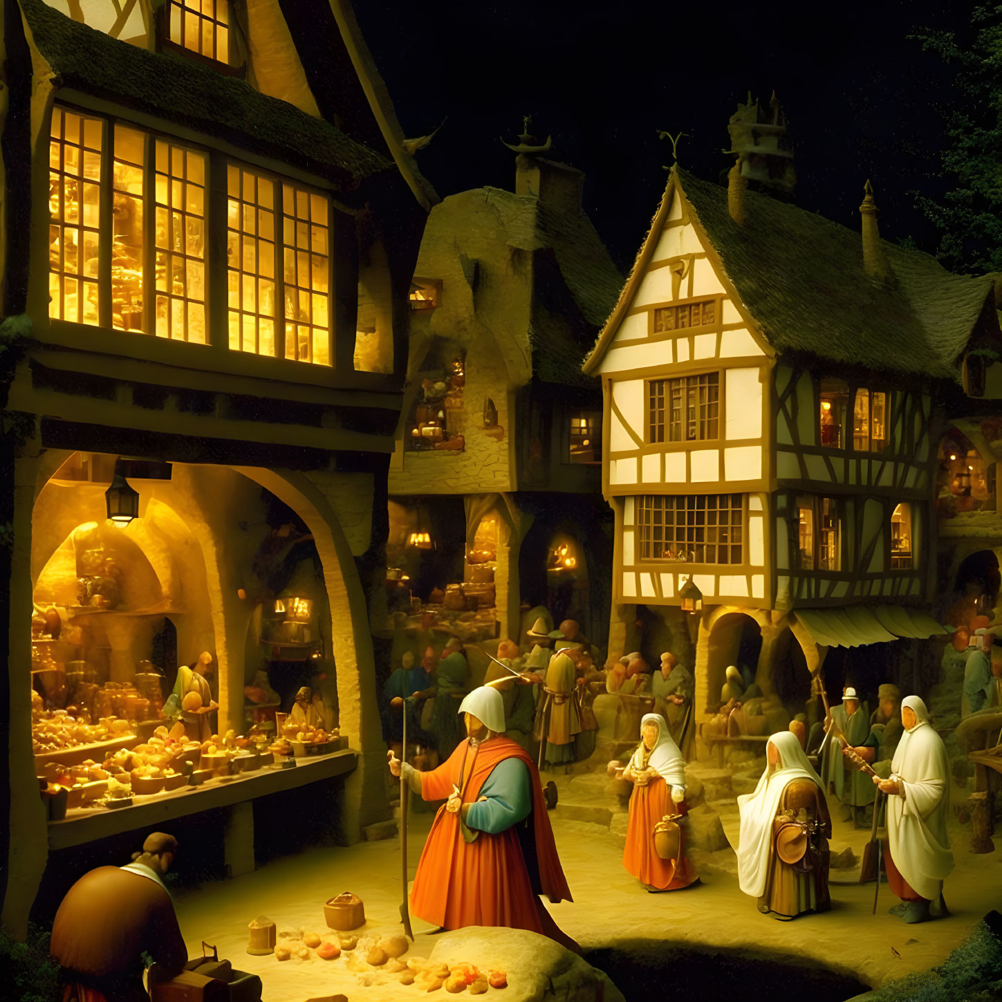 Medieval marketplace at night with lit shops and townspeople