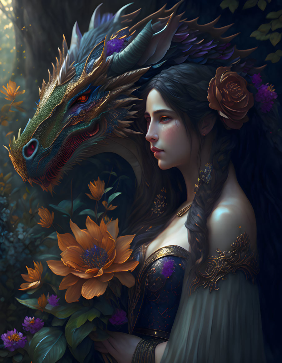 Serene woman and mystical dragon in dark floral setting