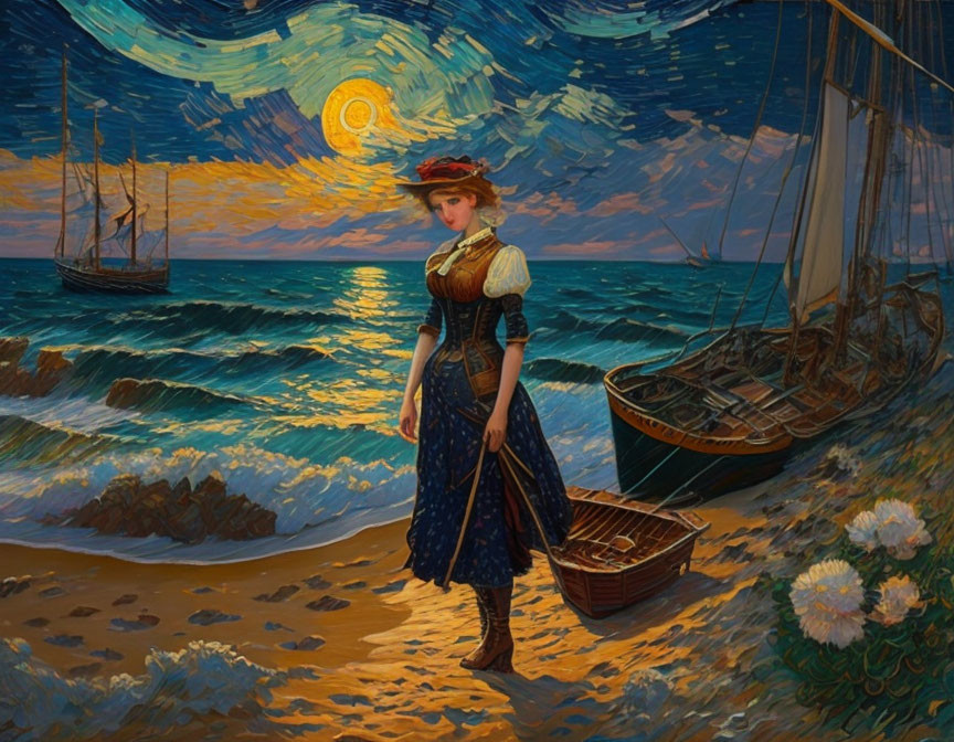 Woman in vintage clothing on beach at sunset with boats and vibrant sky