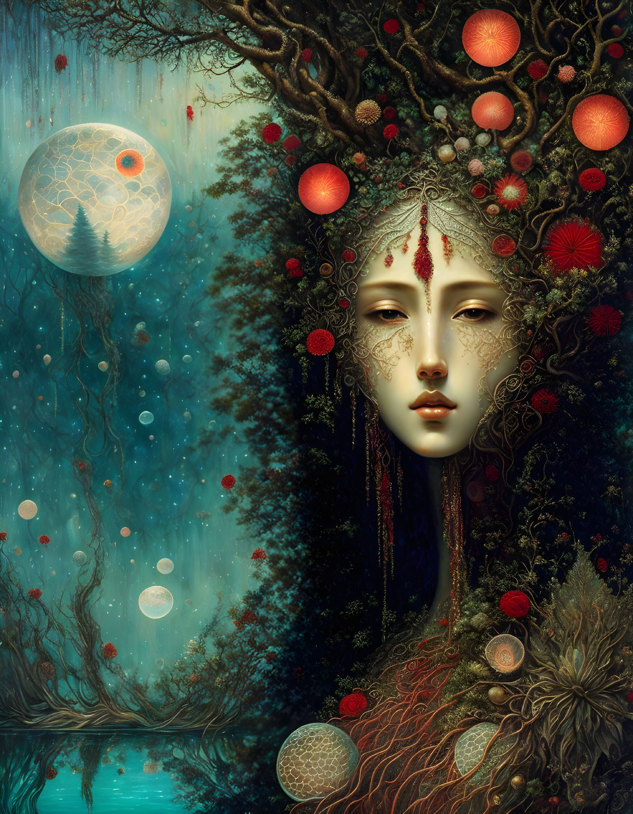 Surreal portrait: woman's face merges with tree, red fruits, flowers, night sky,