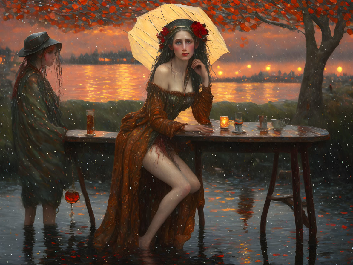 Woman in ruffled orange dress with white parasol by lake, cloaked figure nearby.