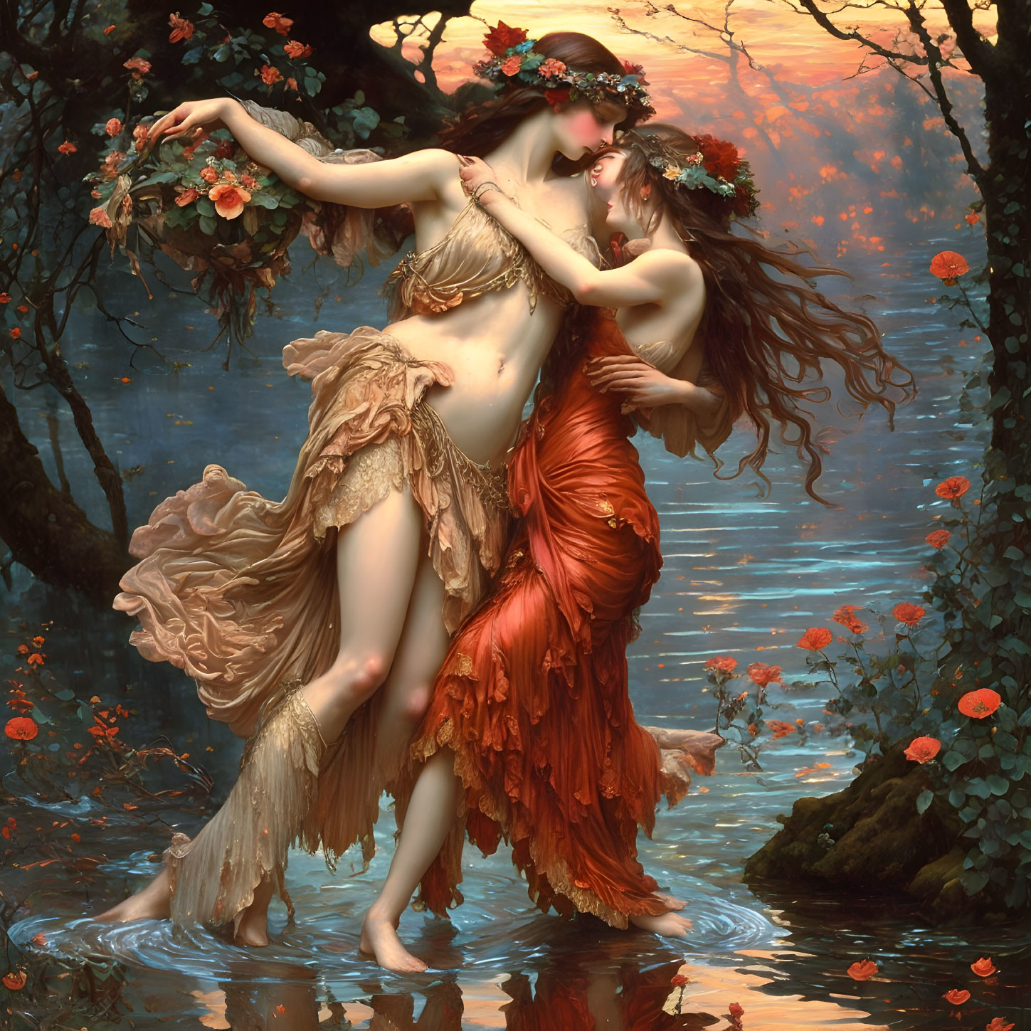 Two women in orange dresses embrace in serene forest pond