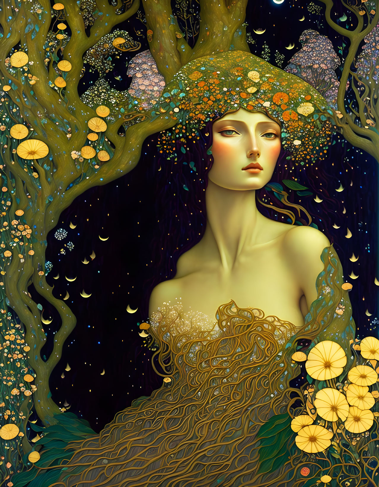 Illustration of woman with tree branches hair in starry night scene