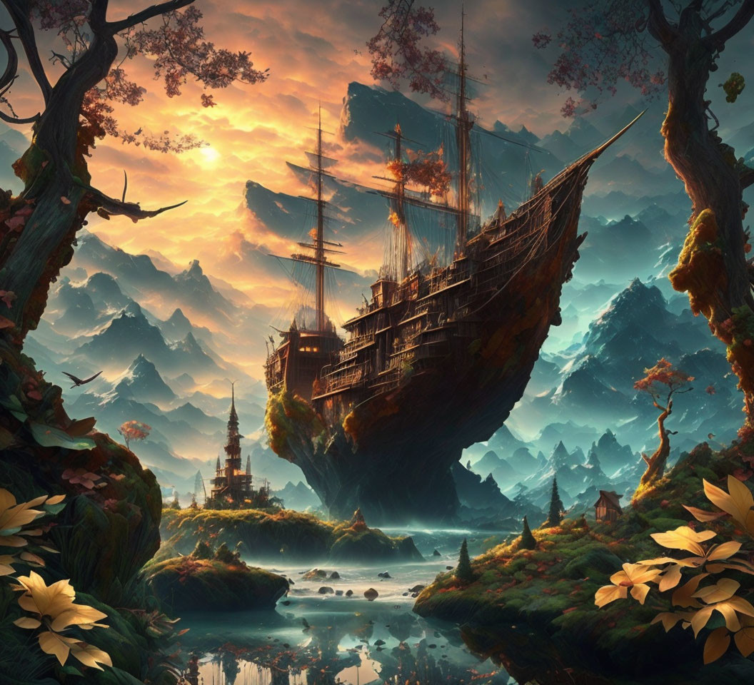 Fantastical landscape with ship on floating landmass and misty mountains