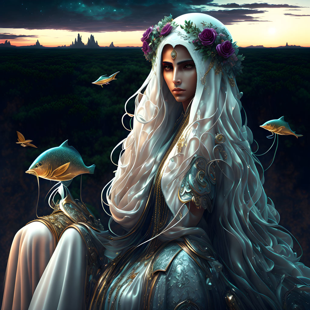 Fantasy illustration of woman with long white hair, floral crown, ornate armor, and golden fish