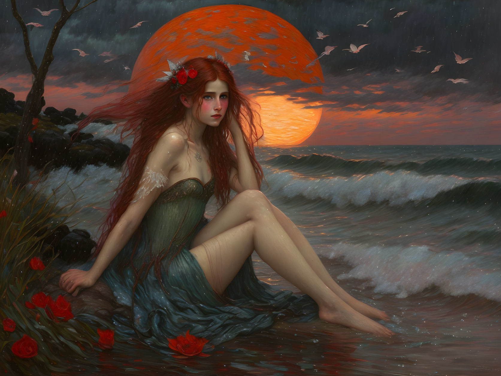 Red-haired woman in green dress by sea at sunset with orange moon and flying birds.