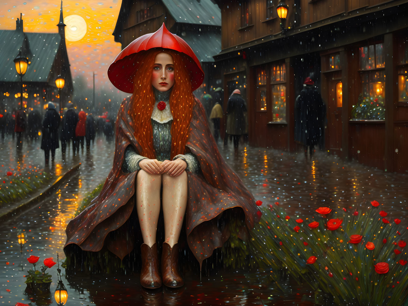 Woman in Red Cloak with Umbrella on Rainy Cobblestone Street