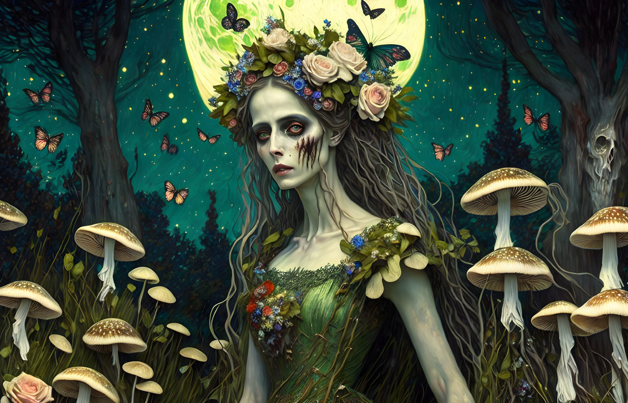 Ethereal figure with floral crown in moonlit forest with mushrooms and butterflies