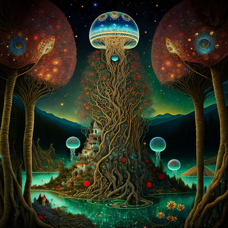 Fantasy art: Tree with integrated buildings, mushrooms, starry sky