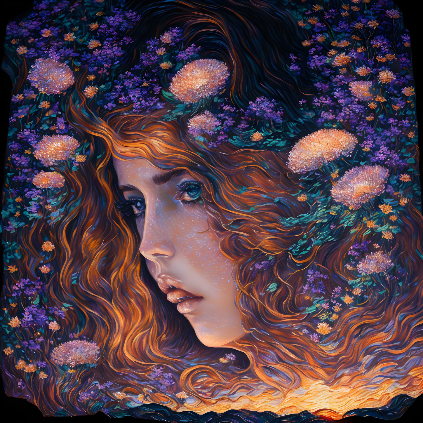 Woman's portrait with flowing hair and purple flowers, nature-inspired beauty