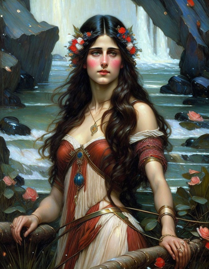 Woman with floral wreath and long hair near waterfall in painting