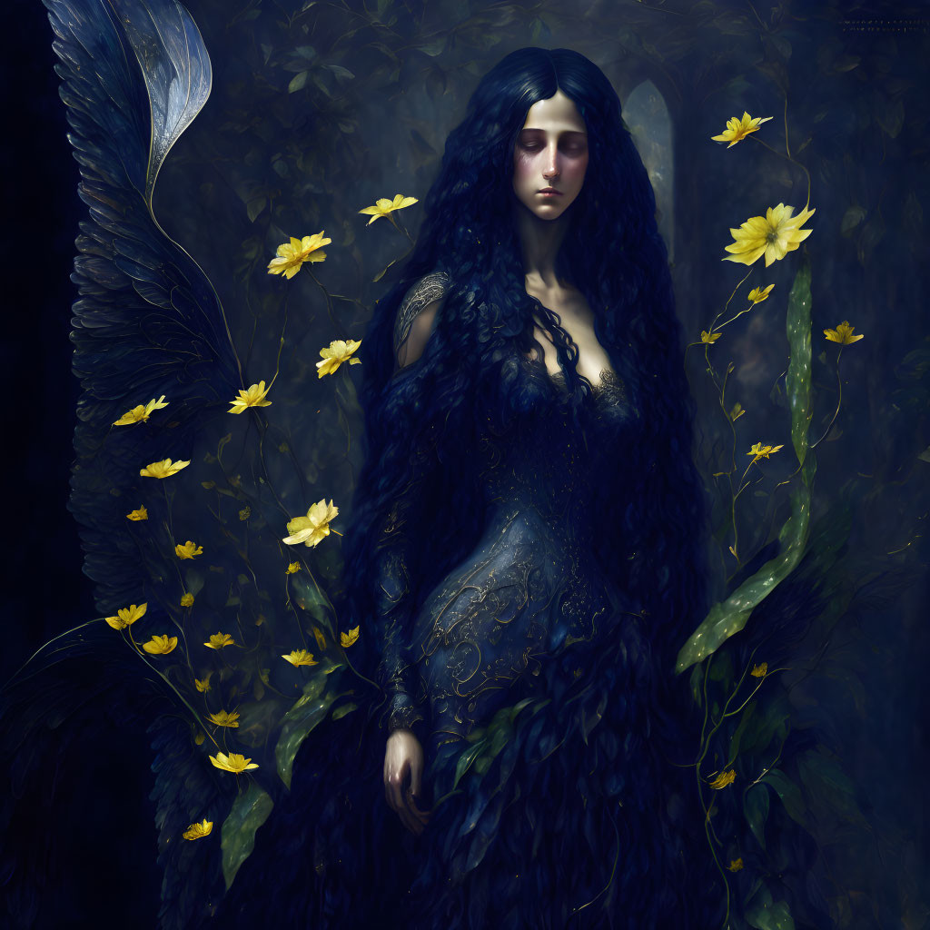 Dark-haired woman with wings among yellow flowers in somber setting