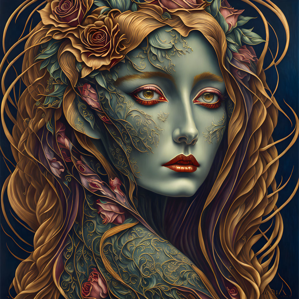 Woman with nature-inspired features surrounded by roses and leafy patterns on deep blue backdrop