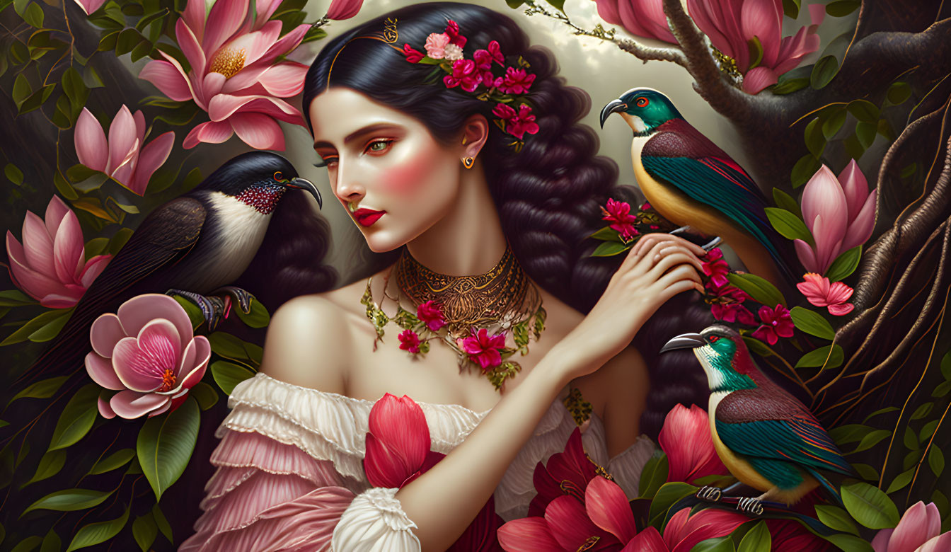 Woman with flowers in hair, surrounded by pink blossoms and colorful birds in botanical scene