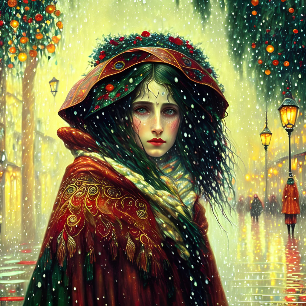 Woman in red cloak with golden embroidery in snowy festive scene.