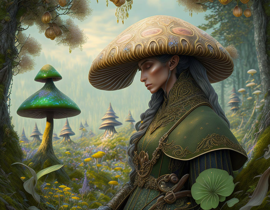 Fantasy illustration of female figure with mushroom hat in mystical forest