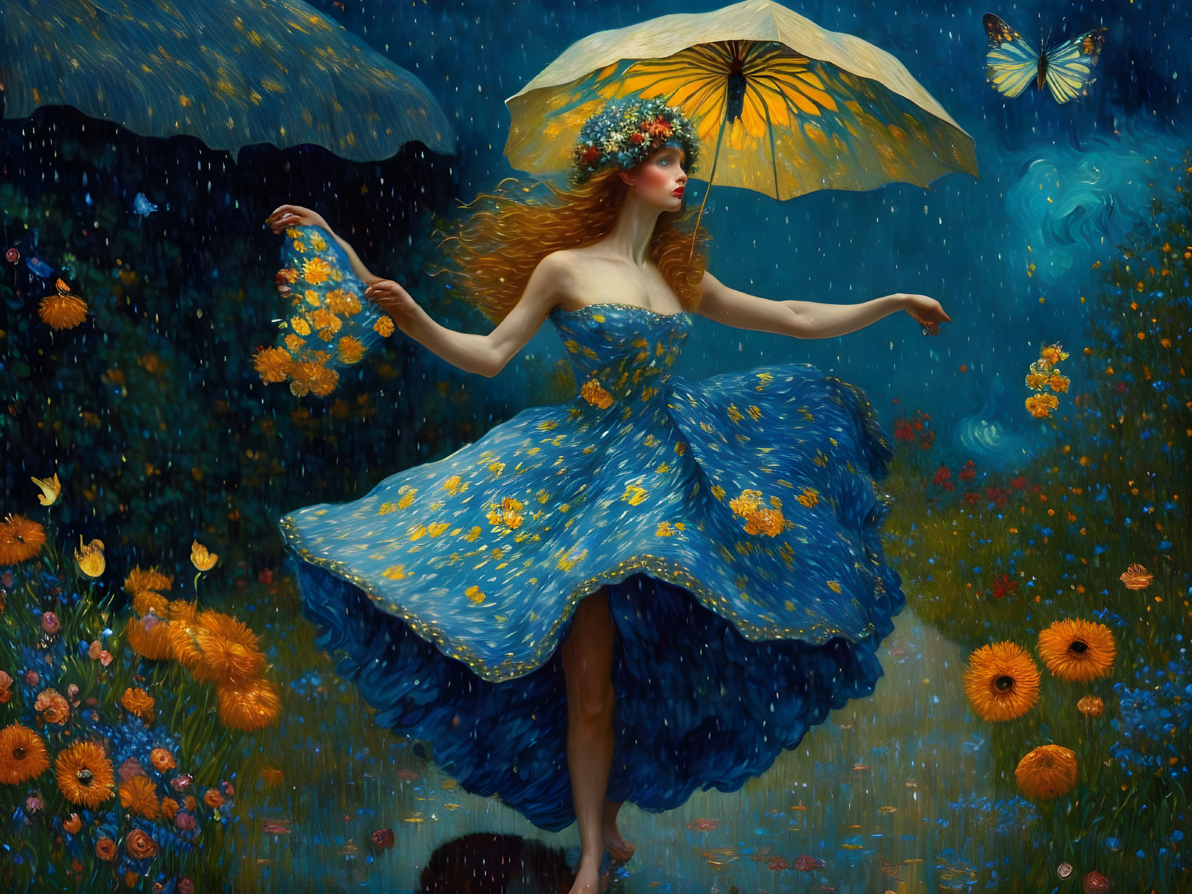 Woman in Blue Floral Dress with Yellow Umbrella in Rainy Meadow