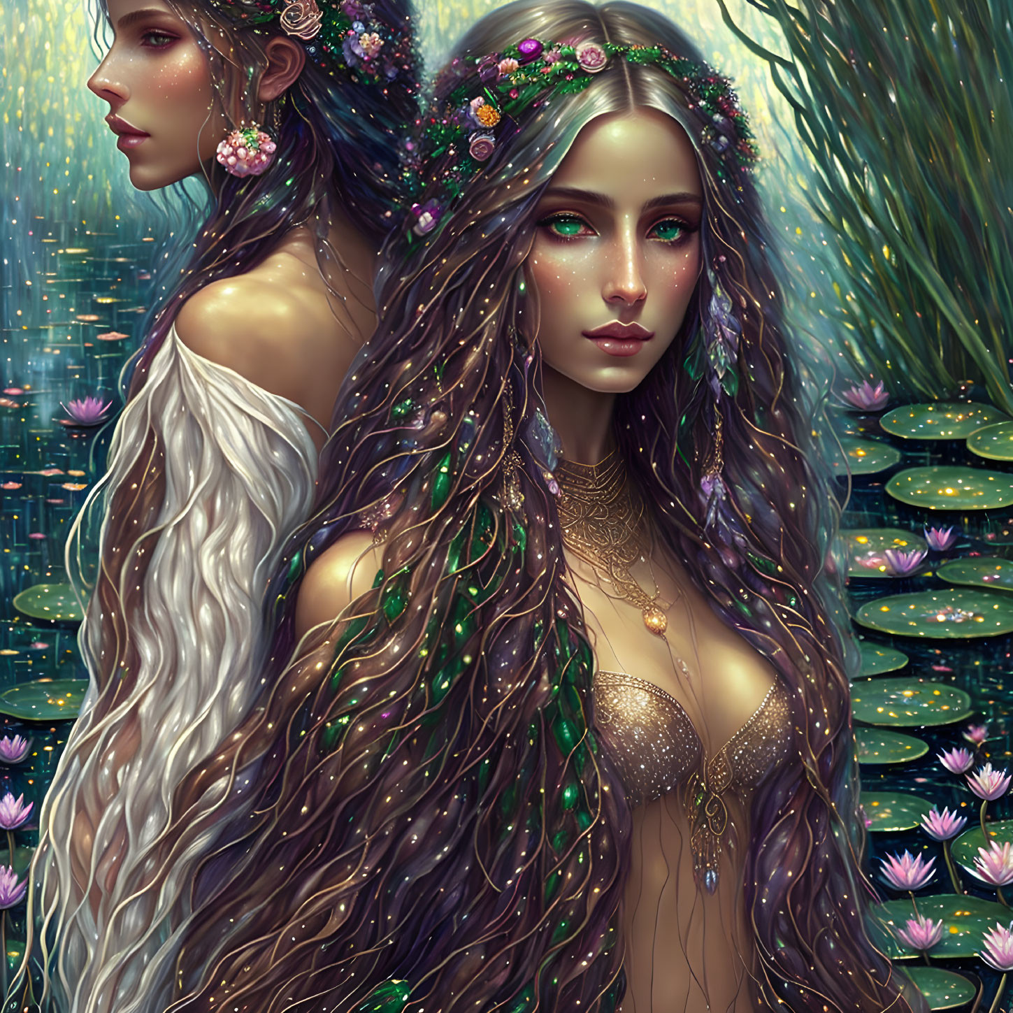 Ethereal women with floral crowns in serene nature setting