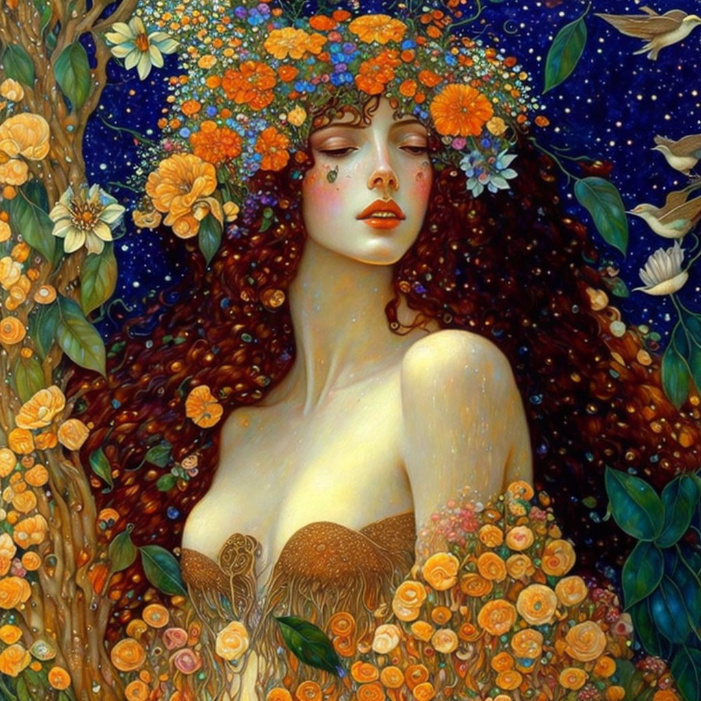 Colorful Woman with Red Hair and Flowers in Starry Floral Scene