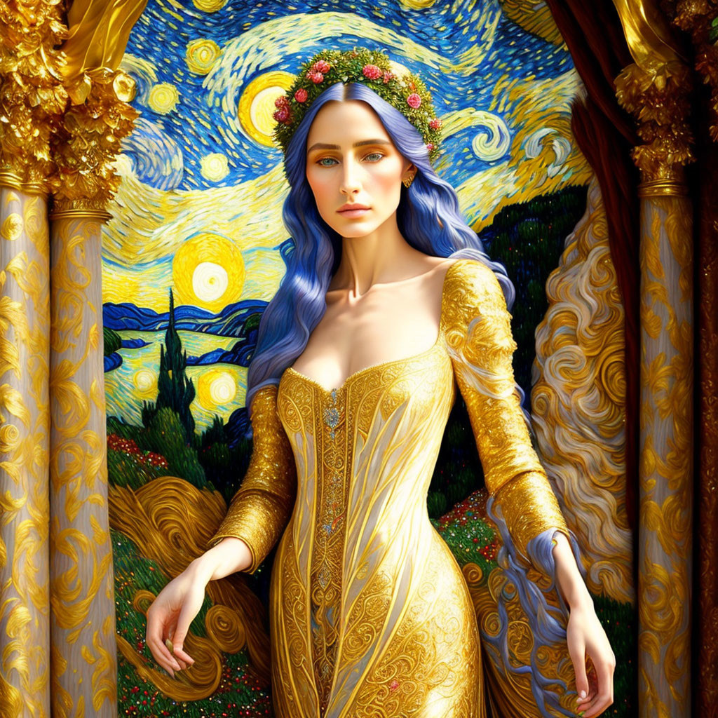 Woman in floral wreath against Starry Night backdrop in golden gown