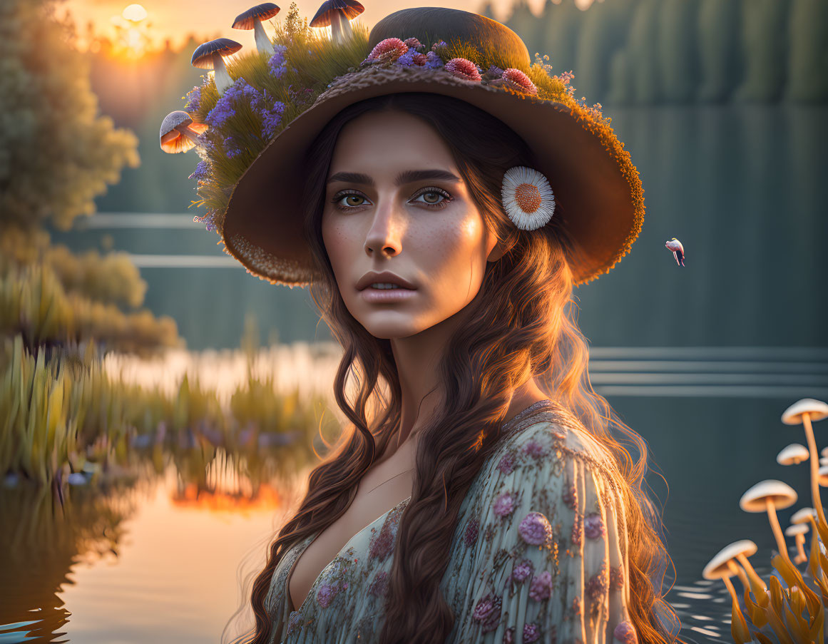 Woman with Striking Eyes in Floral Hat by Serene Lake at Sunset