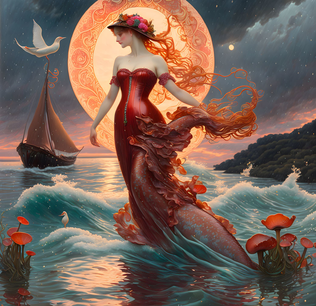 Woman in red gown with floral hat amidst waves at sunset with moon and sailboat