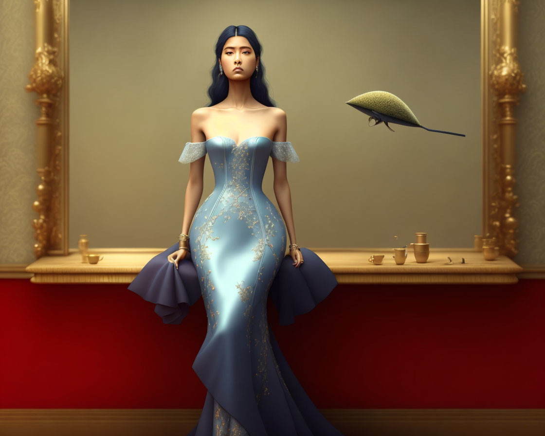 Elegant woman in blue gown with surreal flying fish on red wall