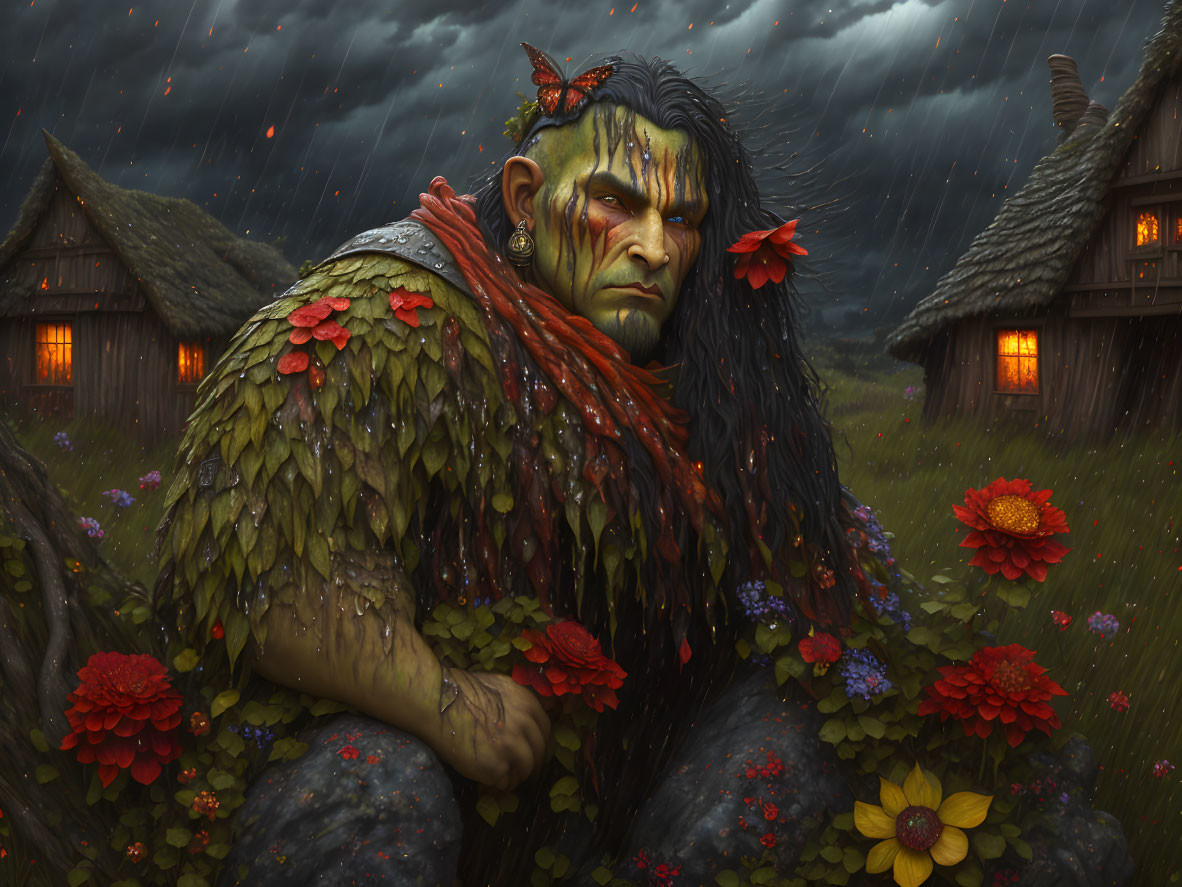 Fantasy illustration: Pensive orc with red eyes in floral landscape.