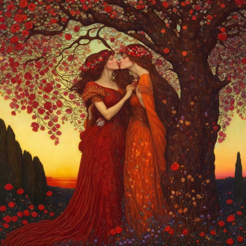 Two women kissing in red dresses under a tree at sunset surrounded by flowers