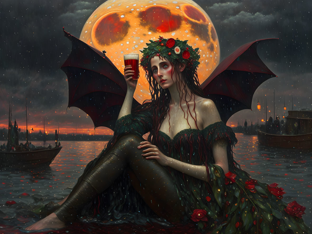 Mystical female figure with dragon wings and floral crown by water with moon and cityscape.