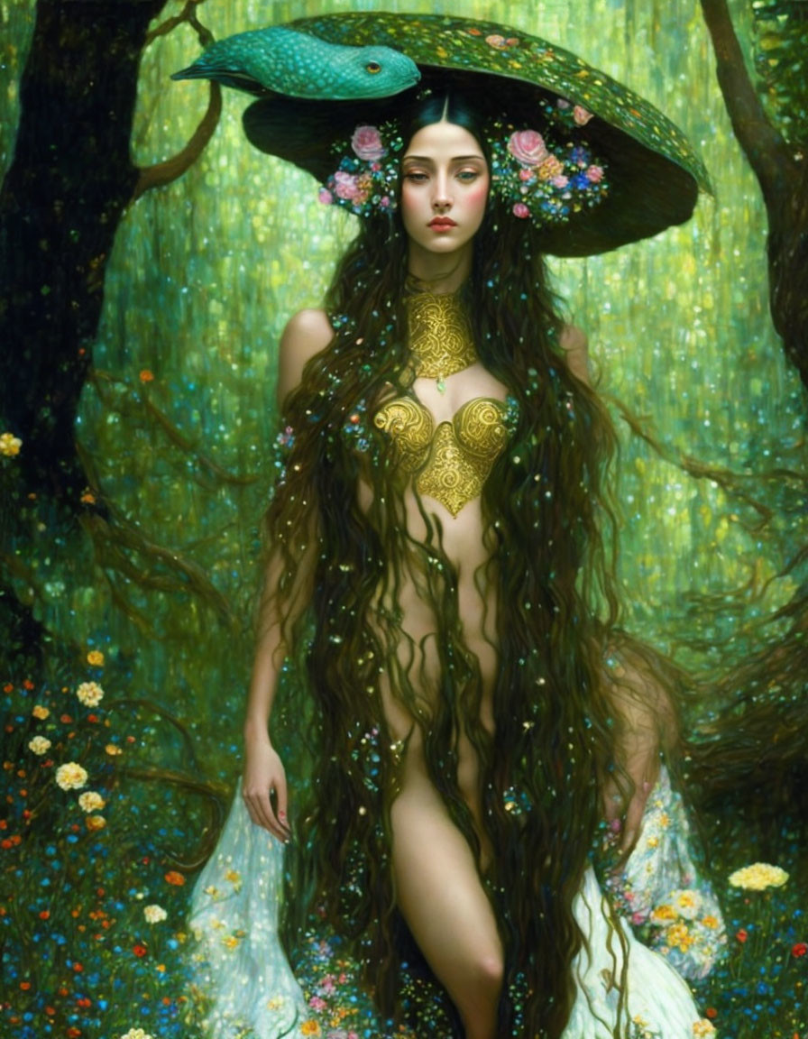 Fantastical painting of woman with flowing hair, bird, lush forest