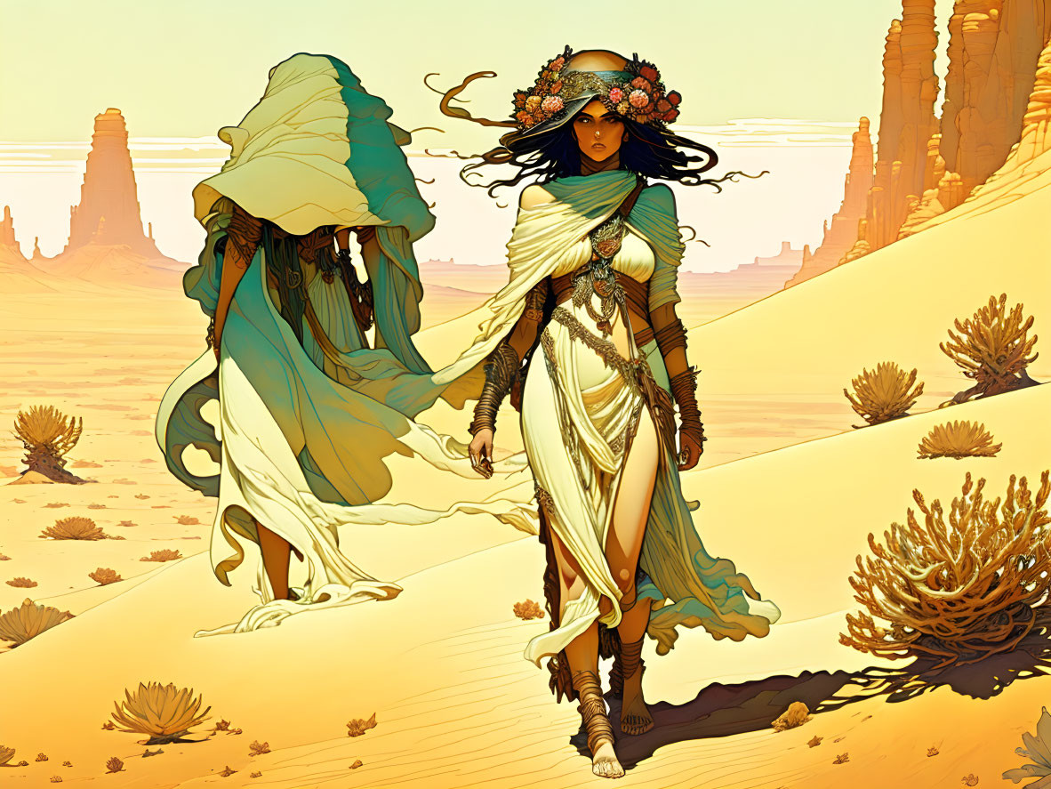 Mystical woman in elaborate desert attire with horn and flower headdress walking through desert landscape