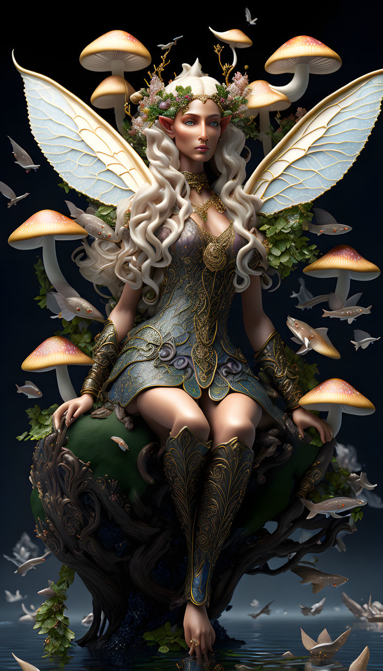 Ethereal fairy with ornate wings on mushroom with flying companions